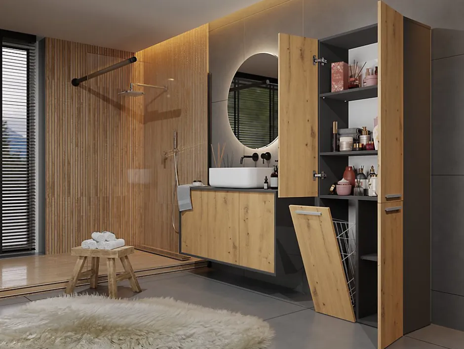 3xE Living Meuble salle de bain, 174 x 30 x 60 cm, antracite, chêne artisan