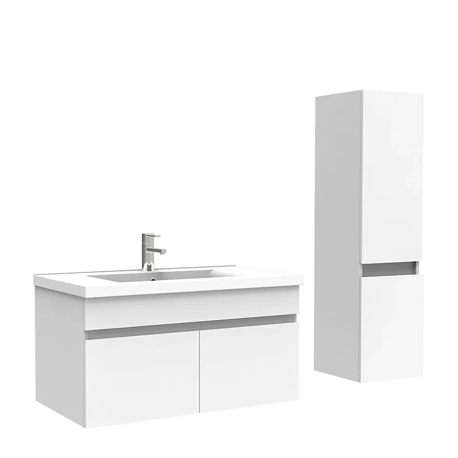 AICA Sanitaire Meuble Salle de Bain avec colonne 80cm Blanc avec vasque ceramique