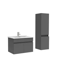 AICA Sanitaire Meuble Salle de Bain avec colonne 60cm Anthracite avec vasque ceramique* Ensemble Meuble De Salle De Bains