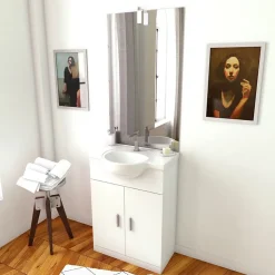 Aurlane Meuble salle de bain blanc 60 cm sur pied + vasque ceramique blanche + miroir applique led