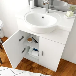 Aurlane Meuble salle de bain blanc 60 cm sur pied + vasque ceramique blanche + miroir applique led