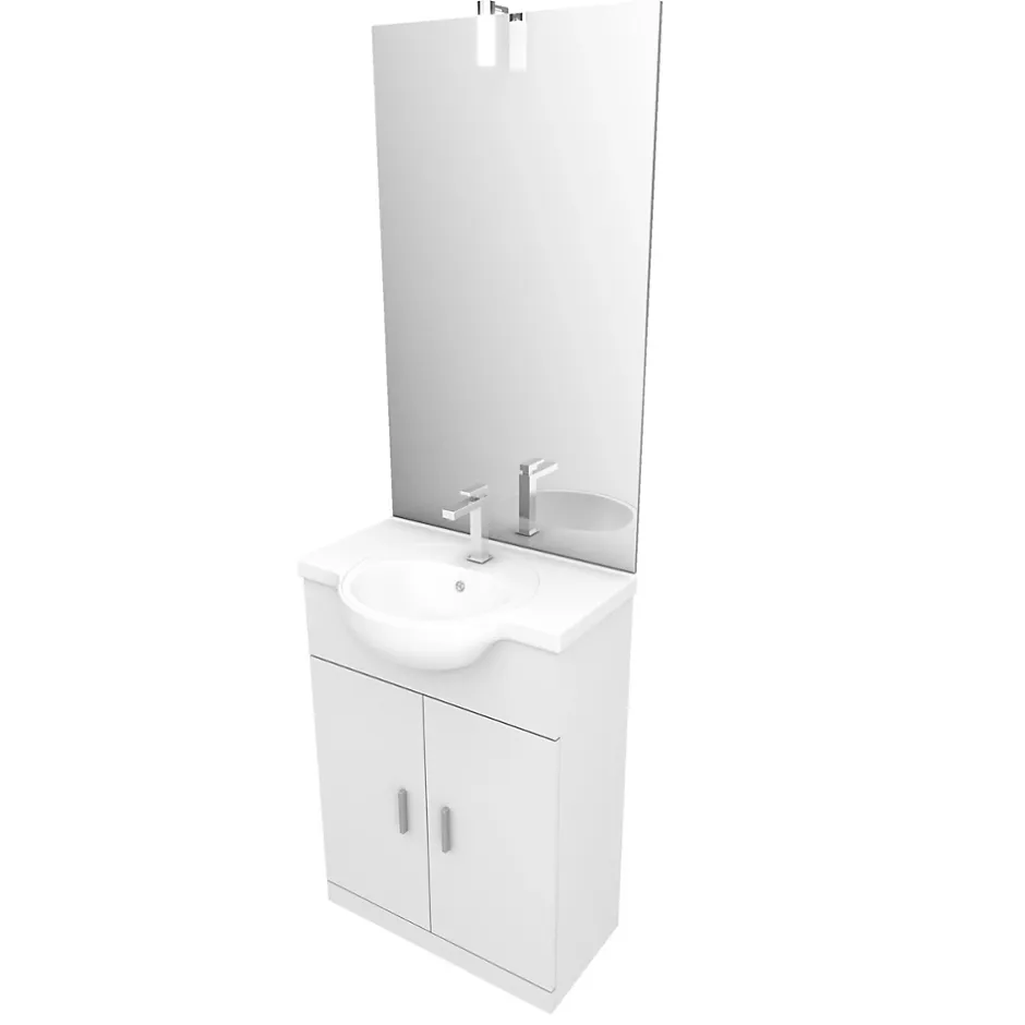 Aurlane Meuble salle de bain blanc 60 cm sur pied + vasque ceramique blanche + miroir applique led