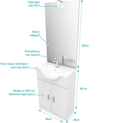 Aurlane Meuble salle de bain blanc 60 cm sur pied + vasque ceramique blanche + miroir applique led