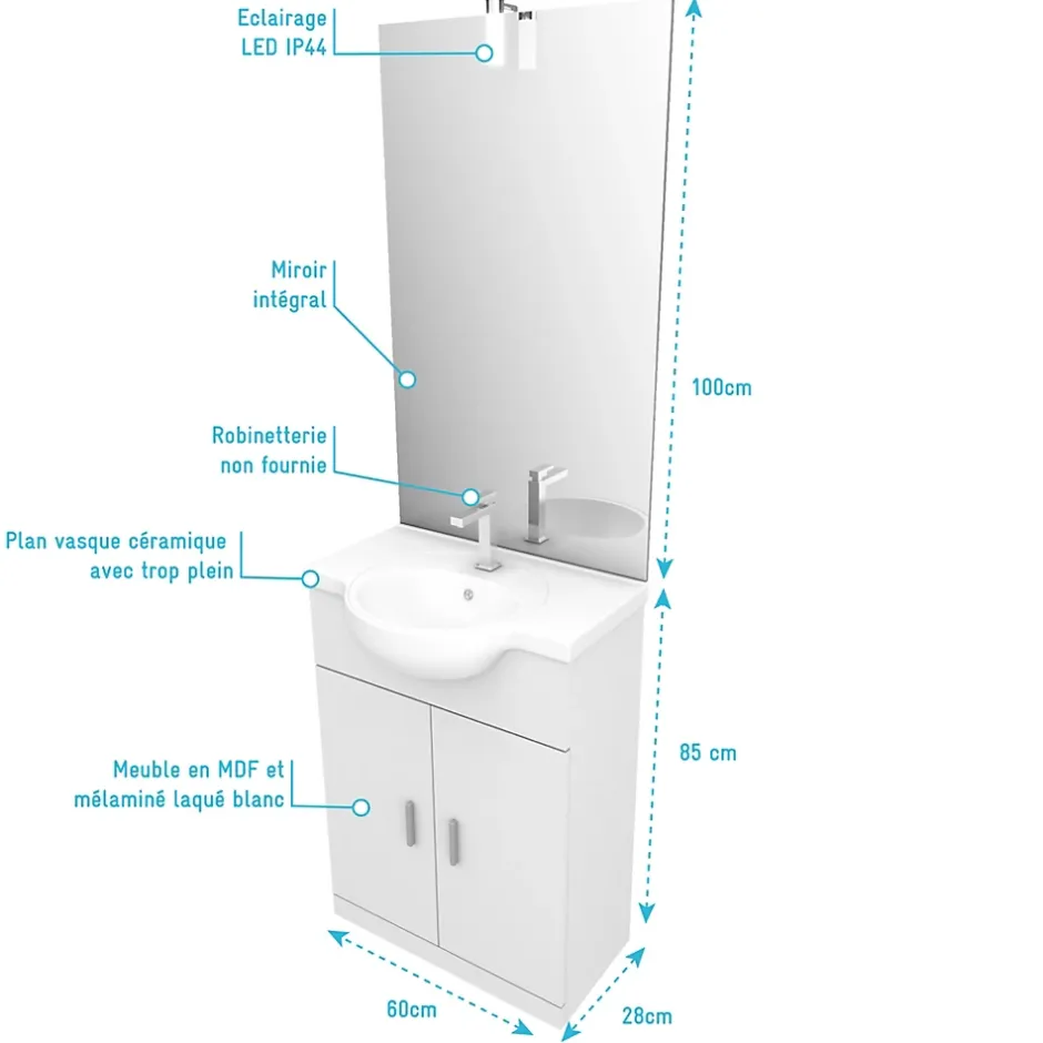 Aurlane Meuble salle de bain blanc 60 cm sur pied + vasque ceramique blanche + miroir applique led