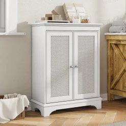 ProximaX Meuble salle de bain blanc sur pied avec porte panier et étagère réglable, meuble indépendant pour salle de bain, salon ou cuisine