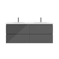 AICA Sanitaire Meuble salle de bain 120cm anthracite brillant avec 4 tiroirs à fermeture automatique et double lavabo céramique* Meuble Vasque