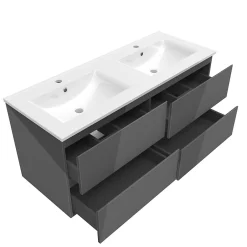 AICA Sanitaire Meuble salle de bain 120cm anthracite brillant avec 4 tiroirs à fermeture automatique et double lavabo céramique* Meuble Vasque