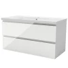 AICA Sanitaire Meuble salle de bain 100cm blanc brillant avec 2 tiroirs à fermeture automatique et simple lavabo céramique* Meuble Vasque