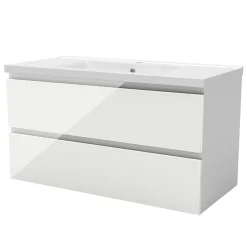AICA Sanitaire Meuble salle de bain 100cm blanc brillant avec 2 tiroirs à fermeture automatique et simple lavabo céramique* Meuble Vasque