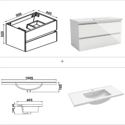 AICA Sanitaire Meuble salle de bain 100cm blanc brillant avec 2 tiroirs à fermeture automatique et simple lavabo céramique* Meuble Vasque