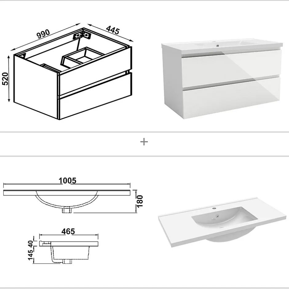 AICA Sanitaire Meuble salle de bain 100cm blanc brillant avec 2 tiroirs à fermeture automatique et simple lavabo céramique* Meuble Vasque