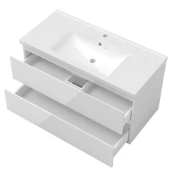 AICA Sanitaire Meuble salle de bain 100cm blanc brillant avec 2 tiroirs à fermeture automatique et simple lavabo céramique* Meuble Vasque