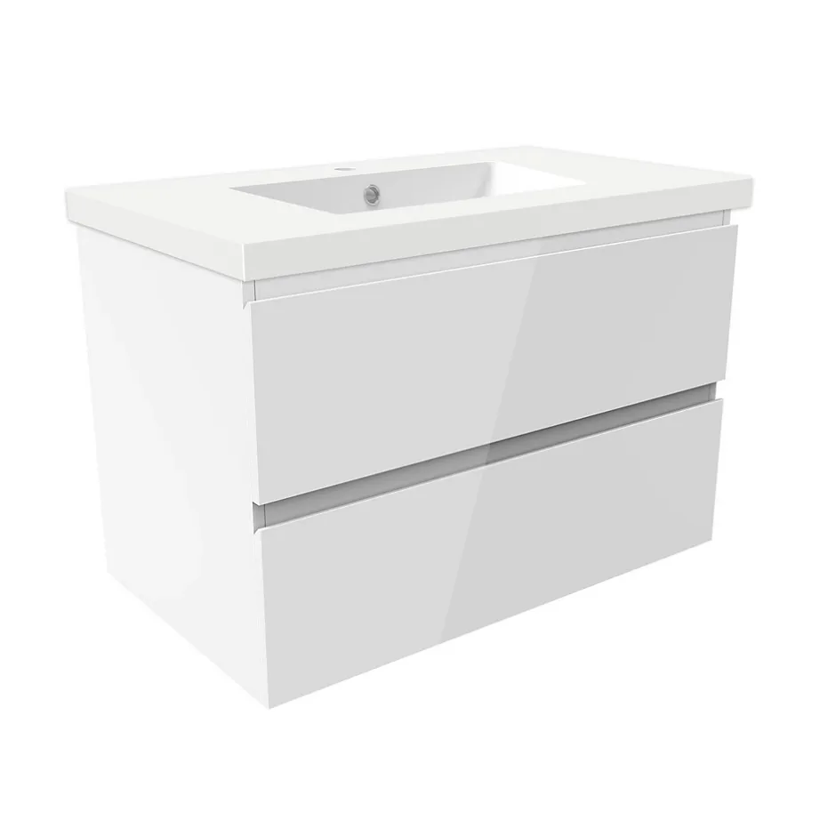 AICA Sanitaire Meuble salle de bain 80cm blanc brillant avec 2 tiroirs à fermeture automatique et simple lavabo* Meuble Vasque