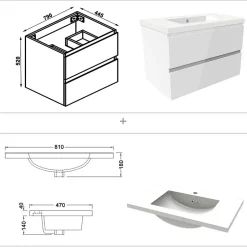 AICA Sanitaire Meuble salle de bain 80cm blanc brillant avec 2 tiroirs à fermeture automatique et simple lavabo* Meuble Vasque