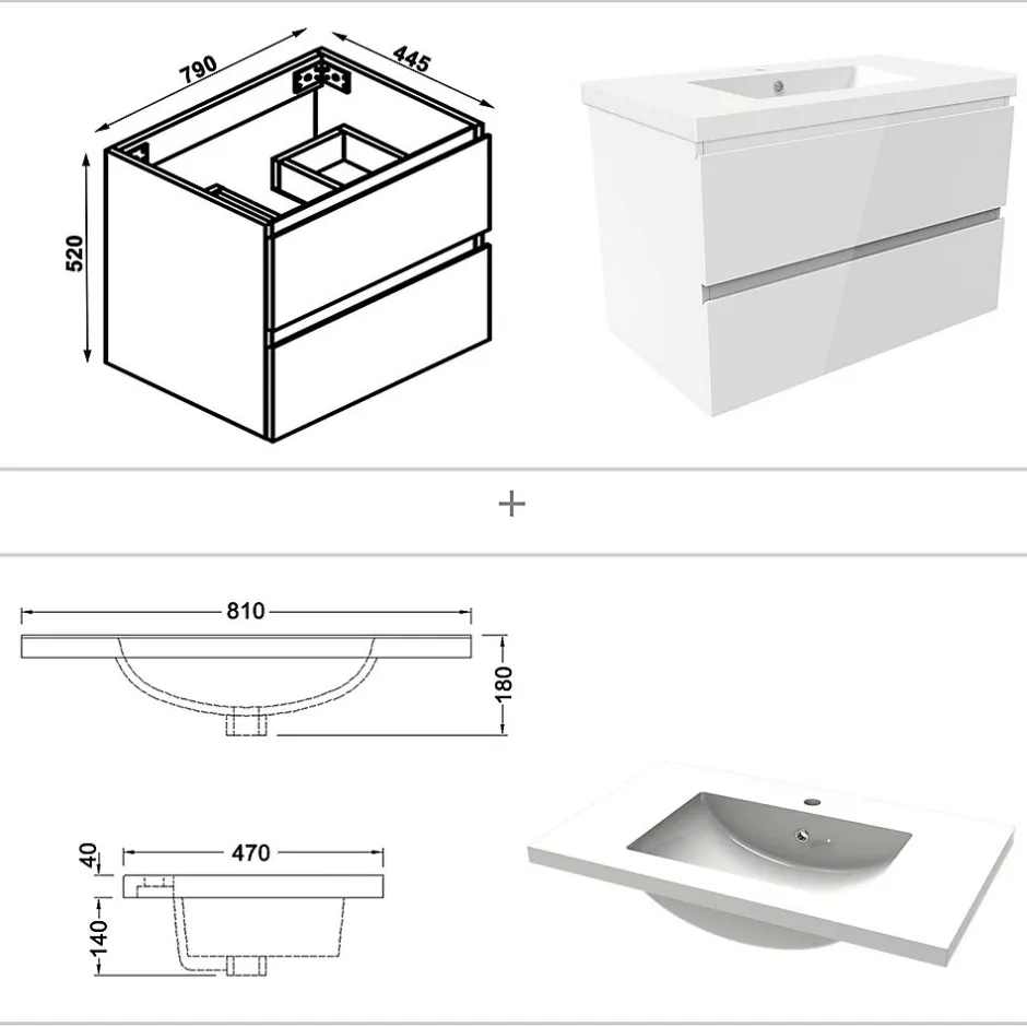 AICA Sanitaire Meuble salle de bain 80cm blanc brillant avec 2 tiroirs à fermeture automatique et simple lavabo* Meuble Vasque