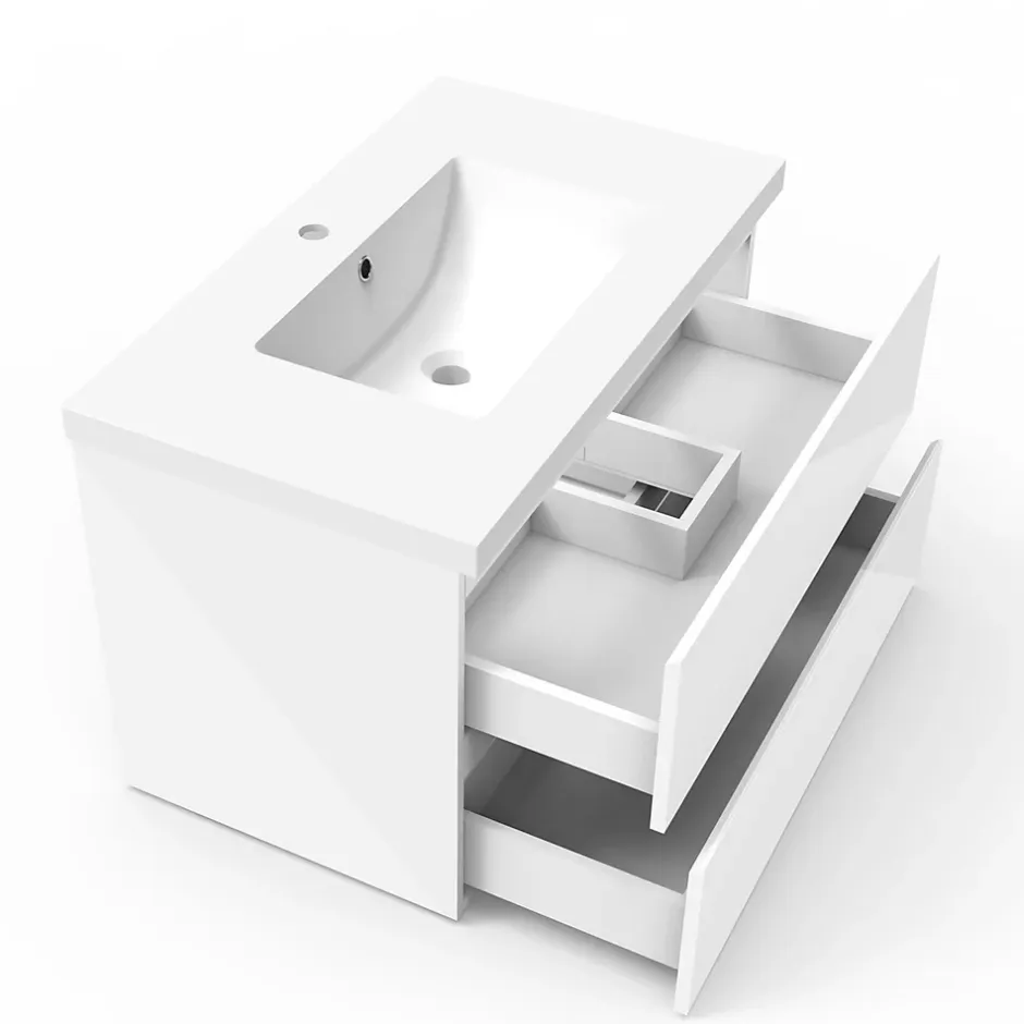 AICA Sanitaire Meuble salle de bain 80cm blanc brillant avec 2 tiroirs à fermeture automatique et simple lavabo* Meuble Vasque