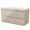 AICA Sanitaire Meuble salle de bain 100cm Chêne Wotan brillant avec 2 tiroirs à fermeture automatique et simple lavabo* Meuble Vasque