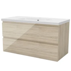 AICA Sanitaire Meuble salle de bain 100cm Chêne Wotan brillant avec 2 tiroirs à fermeture automatique et simple lavabo* Meuble Vasque