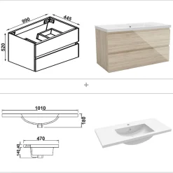 AICA Sanitaire Meuble salle de bain 100cm Chêne Wotan brillant avec 2 tiroirs à fermeture automatique et simple lavabo* Meuble Vasque