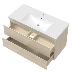 AICA Sanitaire Meuble salle de bain 100cm Chêne Wotan brillant avec 2 tiroirs à fermeture automatique et simple lavabo* Meuble Vasque