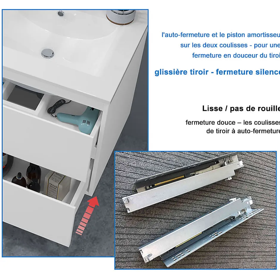 AICA Sanitaire Meuble salle de bain 100cm Chêne Wotan brillant avec 2 tiroirs à fermeture automatique et simple lavabo* Meuble Vasque