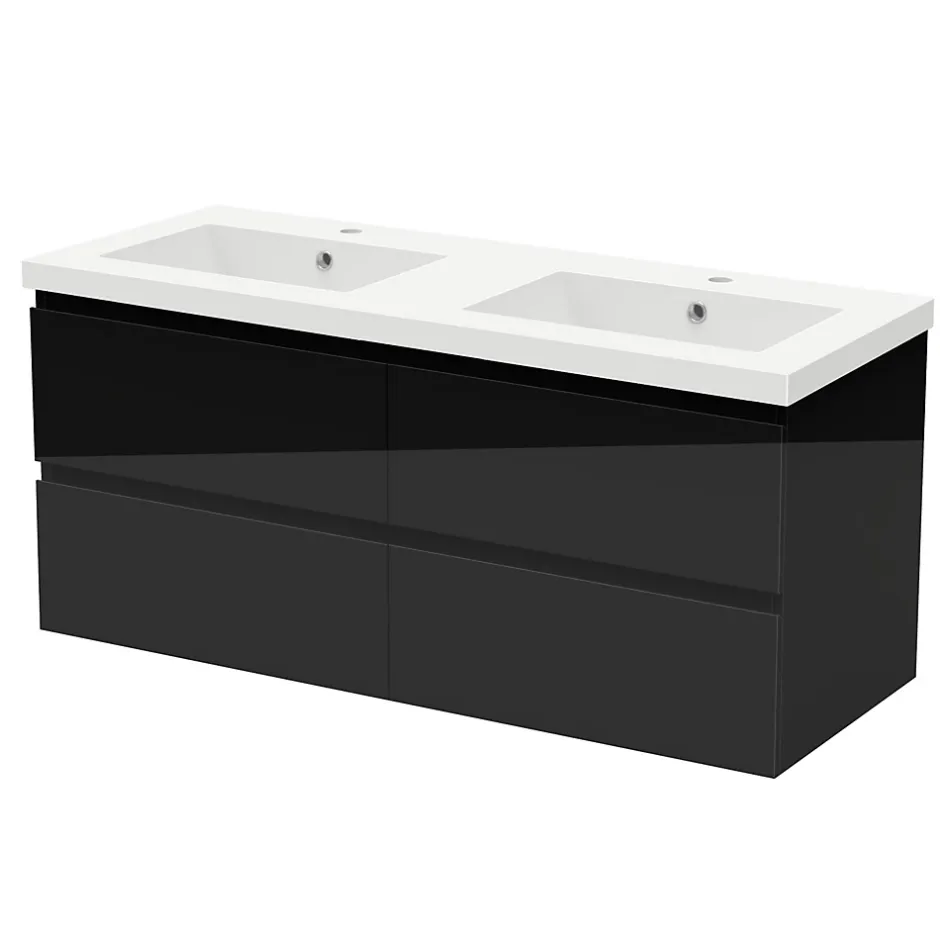 AICA Sanitaire Meuble salle de bain 120cm noir brillant avec 4 tiroirs à fermeture automatique et double lavabo* Meuble Vasque