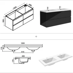 AICA Sanitaire Meuble salle de bain 120cm noir brillant avec 4 tiroirs à fermeture automatique et double lavabo* Meuble Vasque