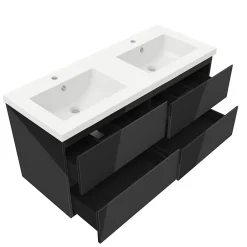 AICA Sanitaire Meuble salle de bain 120cm noir brillant avec 4 tiroirs à fermeture automatique et double lavabo* Meuble Vasque