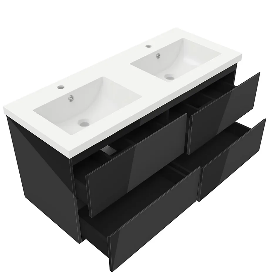 AICA Sanitaire Meuble salle de bain 120cm noir brillant avec 4 tiroirs à fermeture automatique et double lavabo* Meuble Vasque