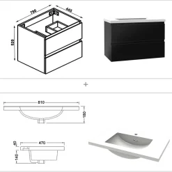 AICA Sanitaire Meuble salle de bain 80cm noir brillant avec 2 tiroirs à fermeture automatique et simple lavabo* Meuble Vasque