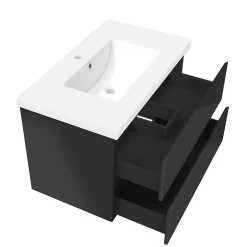 AICA Sanitaire Meuble salle de bain 80cm noir brillant avec 2 tiroirs à fermeture automatique et simple lavabo* Meuble Vasque
