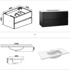 AICA Sanitaire Meuble salle de bain 100cm noir brillant avec 2 tiroirs à fermeture automatique et simple lavabo céramique