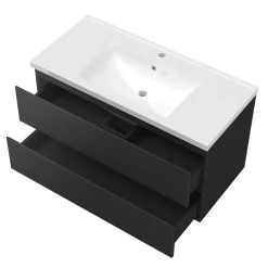 AICA Sanitaire Meuble salle de bain 100cm noir brillant avec 2 tiroirs à fermeture automatique et simple lavabo céramique