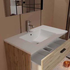 Aurlane Meuble salle de bain 80cm suspendu 2 tiroirs Décor Bois avec vasque et miroir - BOX-IN* Ensemble Meuble De Salle De Bains