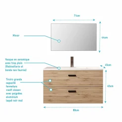 Aurlane Meuble salle de bain 80cm suspendu 2 tiroirs Décor Bois avec vasque et miroir - BOX-IN* Ensemble Meuble De Salle De Bains