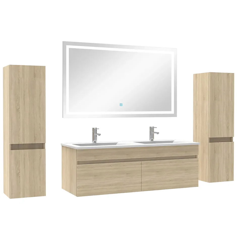 AICA Sanitaire Meuble Salle de Bain 120cm vasque + colonne + miroir lumineux Chêne Wotan