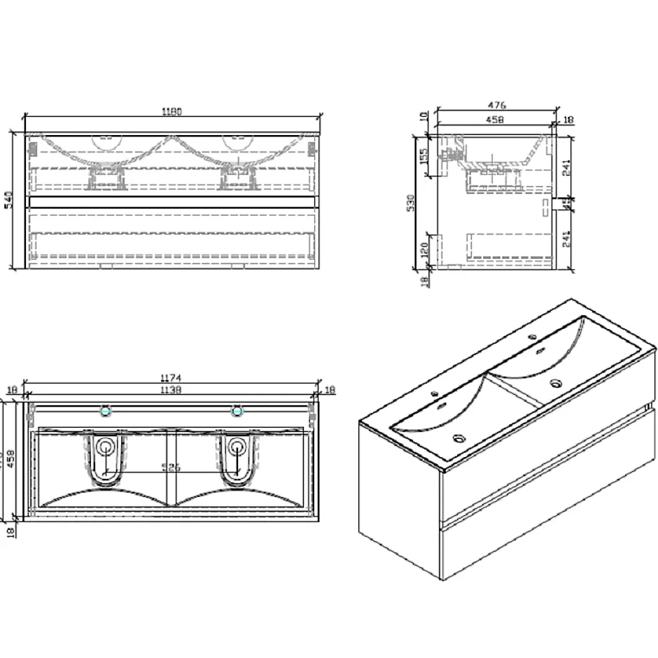 Stano Meuble salle de bain design double vasque SIENA largeur 120 cm chêne clair texture