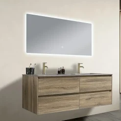 Luxury Bain Meuble salle de bain double vasque 140cm bois et effet marbre marron avec miroir LED LB-8475M-140* Ensemble Meuble De Salle De Bains
