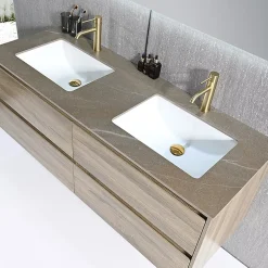 Luxury Bain Meuble salle de bain double vasque 140cm bois et effet marbre marron avec miroir LED LB-8475M-140* Ensemble Meuble De Salle De Bains