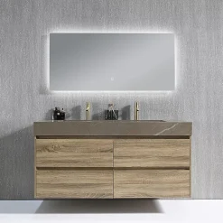 Luxury Bain Meuble salle de bain double vasque 120cm bois et effet marbre marron avec miroir LED LB-8476M-120* Ensemble Meuble De Salle De Bains
