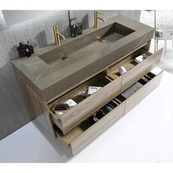 Luxury Bain Meuble salle de bain double vasque 120cm bois et effet marbre marron avec miroir LED LB-8476M-120* Ensemble Meuble De Salle De Bains