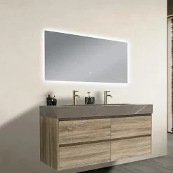 Luxury Bain Meuble salle de bain double vasque 140cm bois et effet marbre marron avec miroir LED LB-8476M-140