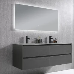 Luxury Bain Meuble salle de bain double vasque 140cm gris et effet marbre gris avec miroir LED LB-8475G-140