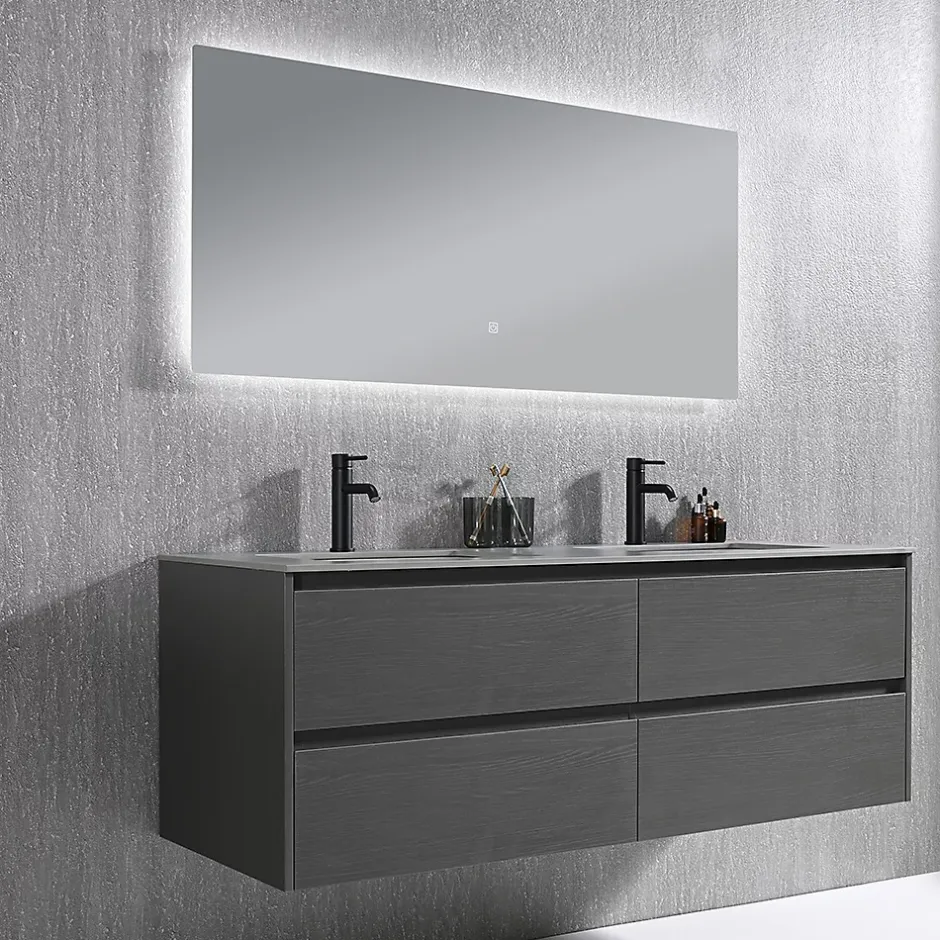 Luxury Bain Meuble salle de bain double vasque 140cm gris et effet marbre gris avec miroir LED LB-8475G-140