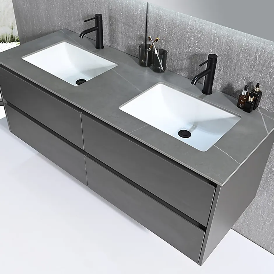 Luxury Bain Meuble salle de bain double vasque 140cm gris et effet marbre gris avec miroir LED LB-8475G-140