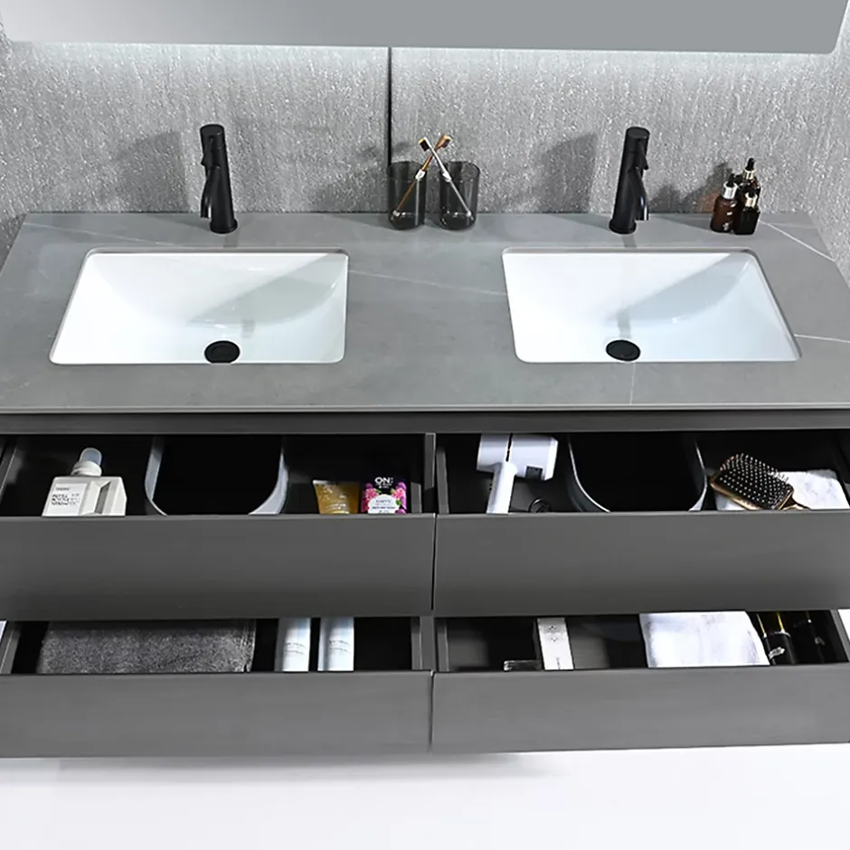 Luxury Bain Meuble salle de bain double vasque 140cm gris et effet marbre gris avec miroir LED LB-8475G-140