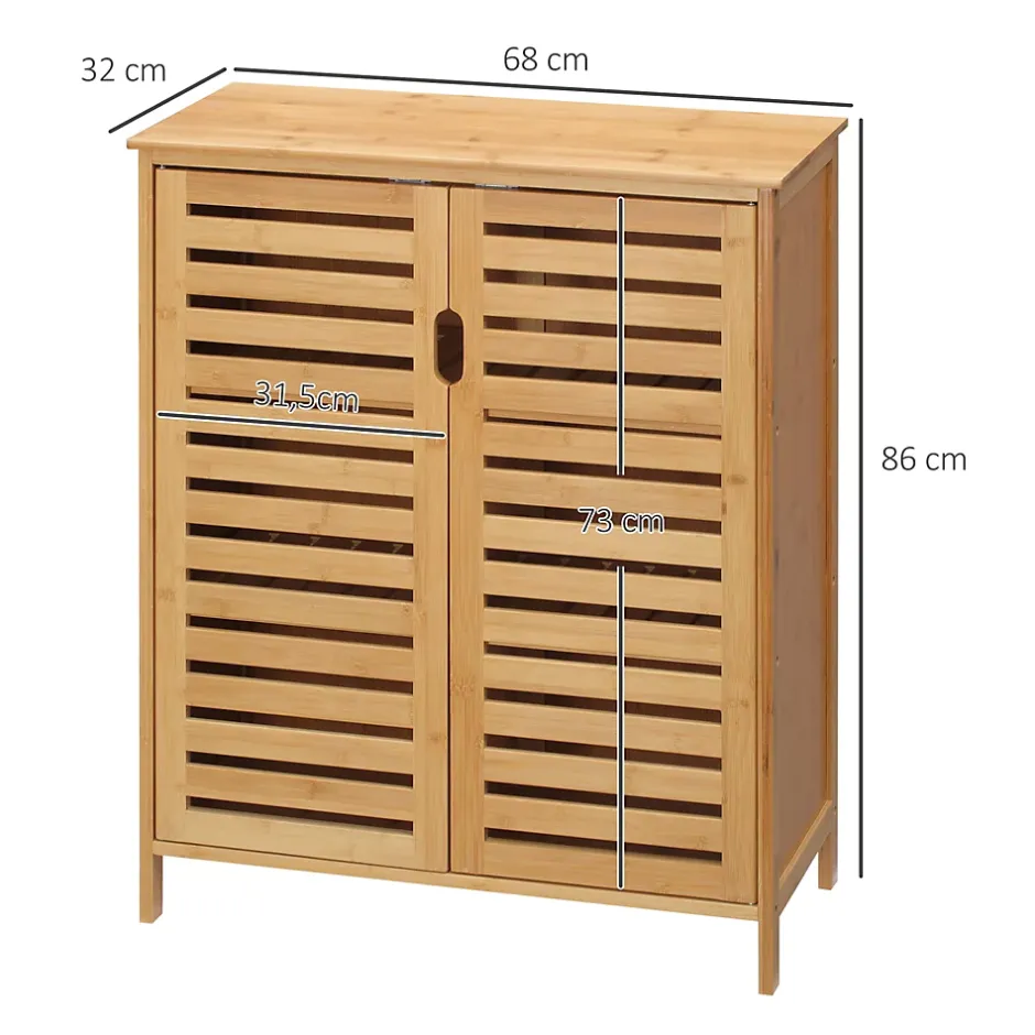 ProximaX Meuble salle de bain en bambou naturel, meuble d'appoint 2 portes à lattes avec 2 étagères, rangement salon ou salle de bain