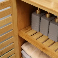 ProximaX Meuble salle de bain en bambou naturel, meuble d'appoint 2 portes à lattes avec 2 étagères, rangement salon ou salle de bain