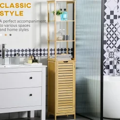 ProximaX Meuble salle de bain en bambou autoportant, 3 compartiments ouverts, poignée et système anti-basculement, gain de place* Etagère Salle De Bains