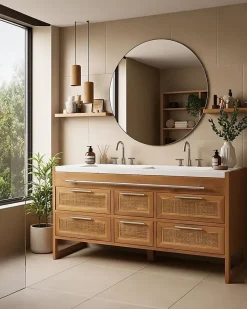 Uniqka Meuble salle de bain en teck et terazzo beige 145 cm -